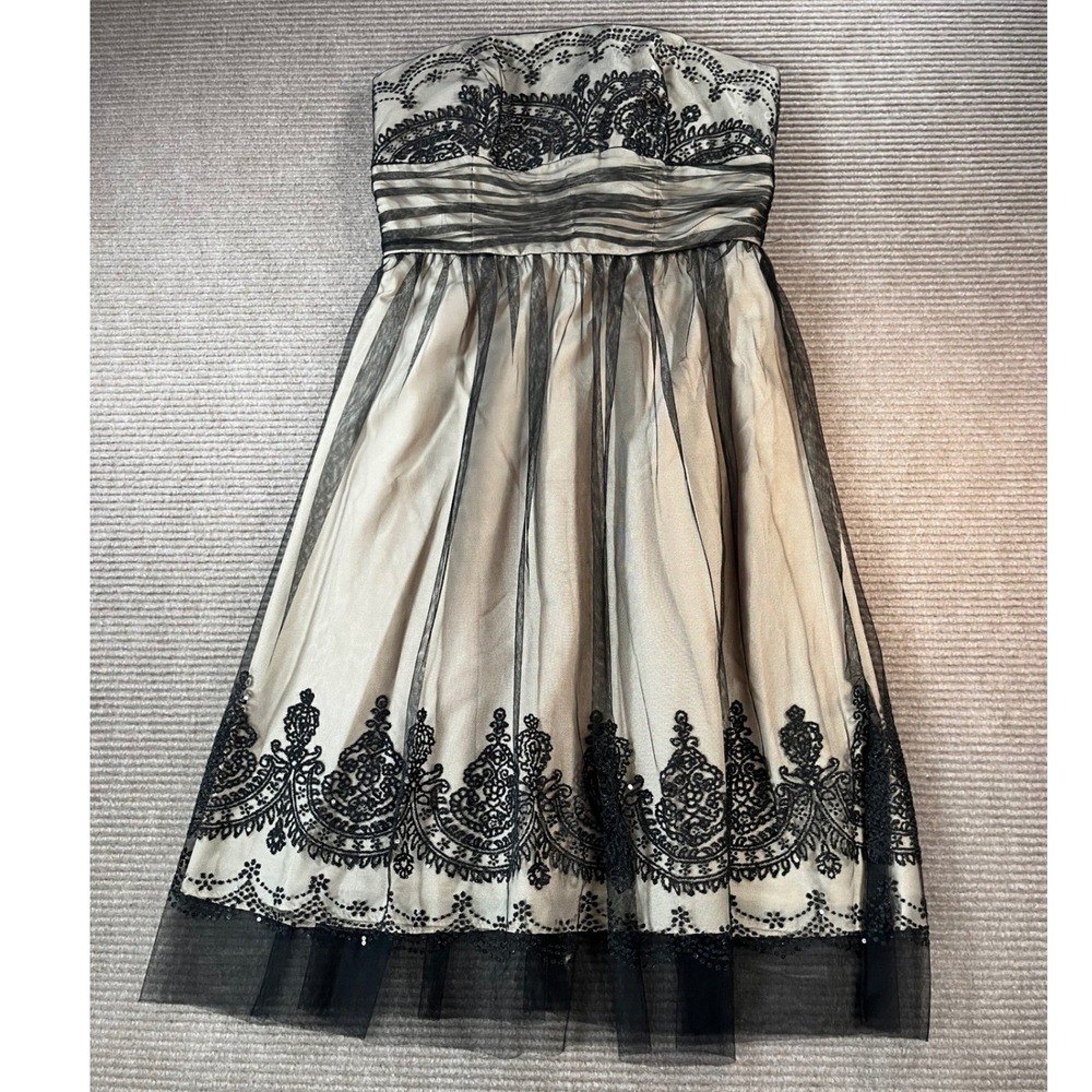 db studio Strapless Champagne Black Embroidered Sequin Tulle Dress Size 8 Y2K